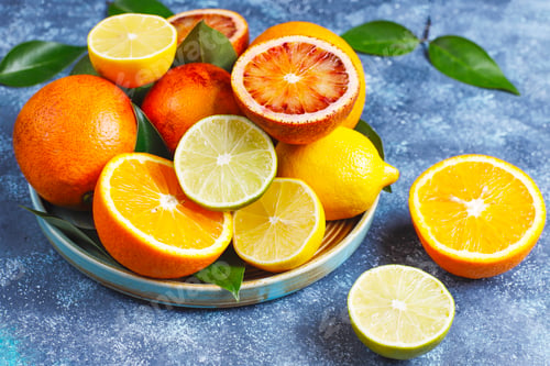 Preview: Citrus background with assorted fresh-citrus fruits,lemon,orange,lime,blood orange.