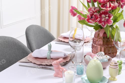 Preview: Festive table setting with beautiful flowers. Easter celebration