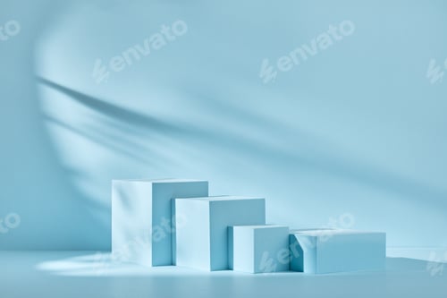 Preview: Blue background for product presentation with shadows and light. Empty podiums. Mockup.