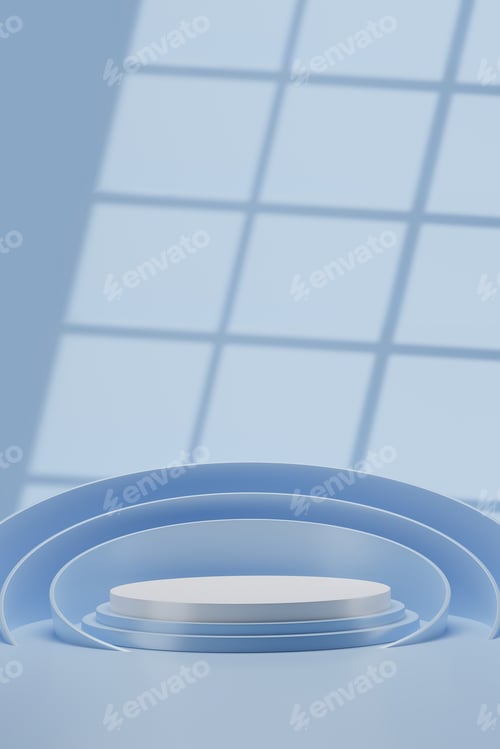 Preview: Blue background with white podium, 3d render