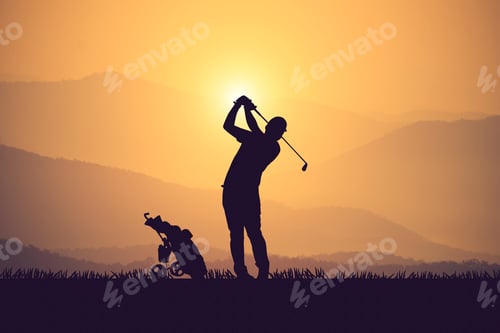 Preview: silhouette of golfers hit sweeping and keep golf course in the summer for relax time.Vintage color