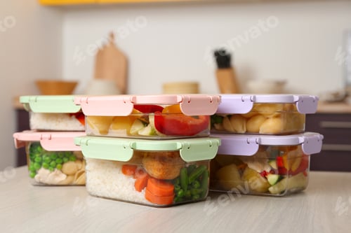 Preview: Boxes with prepared meals on table against blurred background