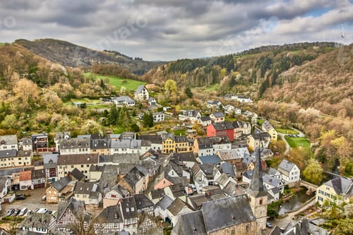 Preview: Aerial view of the buildings in Monreal, Eifel region, Germany