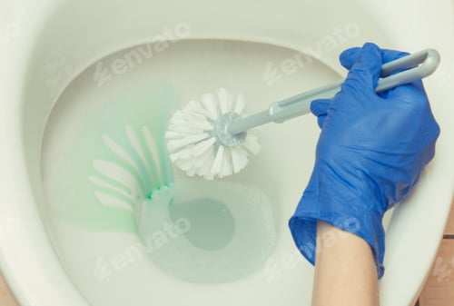 Preview: Hand of cleaner using brush for cleaning toilet. Household duties