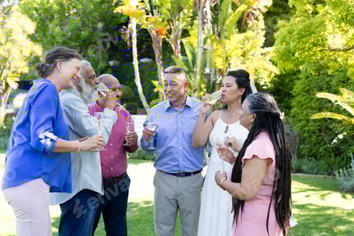 Preview: Group of seniors enjoying outdoor celebration, laughing and toasting with drinks