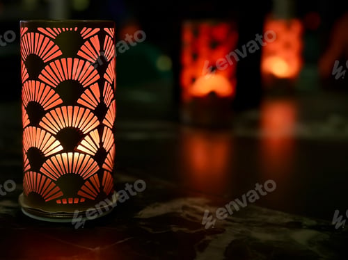Preview: Red Candlelight Inside Traditional Eastern Asian Lantern at Night