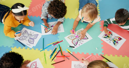 Preview: Children, group and drawing for creative learning in classroom for education, project or back to sc