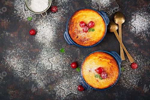 Preview: Cottage cheese casserole with cherries. Flat lay. Top view.