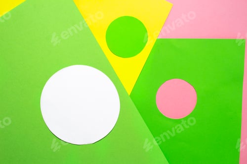 Preview: Abstract geometric shapes and lines green, yellow, pink color paper texture background. Top view