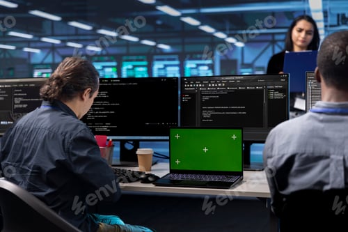 Preview: Teamworking engineers looking for bugs causing slow down using mockup notebook