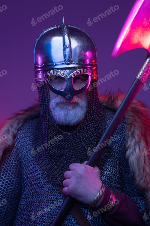 Preview: Front view studio shot of ancient viking warrior