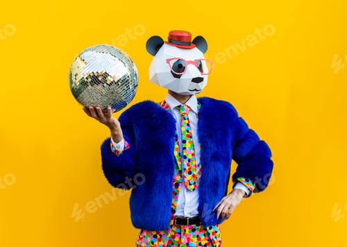 Preview: Man with funny low poly mask on colored background