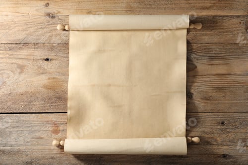 Preview: Old paper scroll on wooden table, top view. Space for text