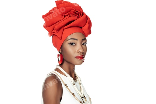 Preview: beautiful african american woman in ethnic accessories isolated on white