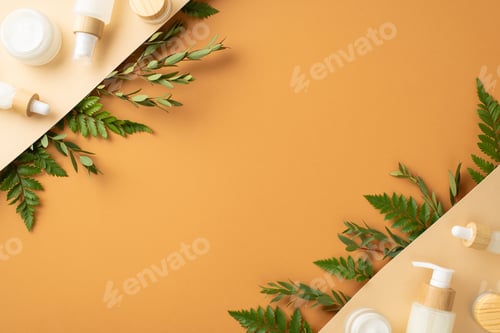 Preview: Organic cosmetics concept. Top view photo of empty space surrounded by eucalyptus and fern branches