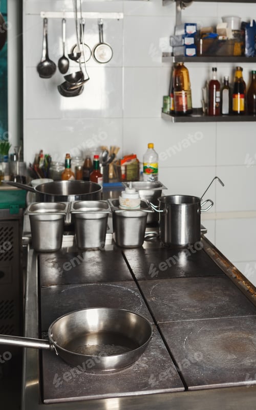 Preview: Modern restaurant kitchen interior with frying pans