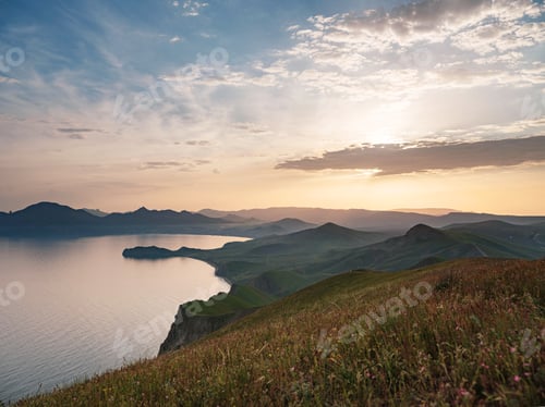Preview: Stunning scenery in the sunset rays of the sea coast and mountains