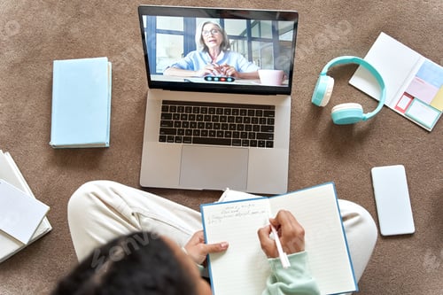 Preview: Teen school girl distance learning online video call class with remote tutor.