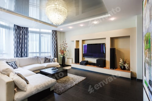 Preview: MINSK, BELARUS - NOVEMBER 21, 2016: luxure hall interior loft flat in grey style design