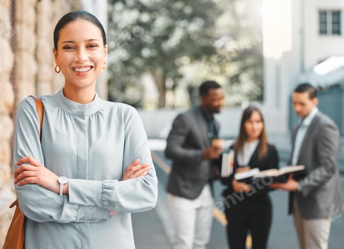 Preview: Woman, arms crossed and professional portrait outdoor for business, corporate agent and smile in ci