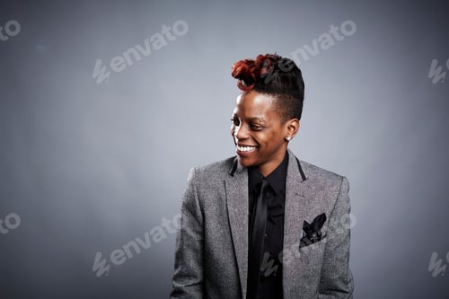 Preview: Portrait of young woman, looking away, smiling