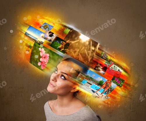 Preview: Cute Girl With Colorful Glowing Photo Memories Concept