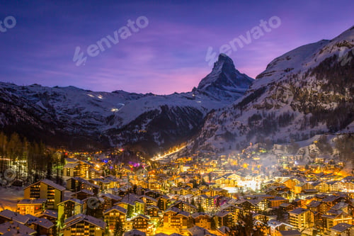 Preview: Zermatt Town and Matterhorn Mountain at Winter Night. Swiss Alps, Switzerland