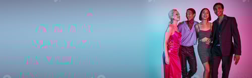 Preview: banner of happy interracial men in festive attire and women in dresses celebrating Christmas