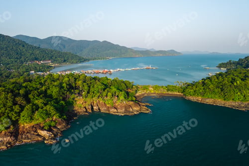 Preview: Aerial view of Bang Bao fishing village and pier, Ko Chang island, Thailand.