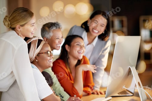Preview: Creative, business and happy women collaboration on computer at night in office for teamwork, plann