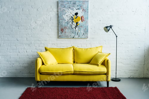 Preview: Interior of cozy living room with painting on wall, sofa and floor lamp beside