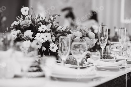 Preview: Glasses on the festive table setting. Wedding table decor concept.