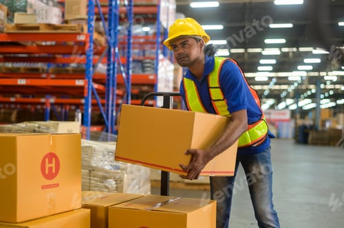 Preview: Male worker wearing helmet lifting cardboard box in warehouse
