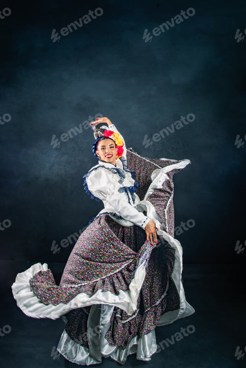 Preview: A woman in a colorful dress is dancing in front of a black background