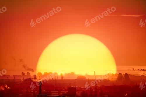 Preview: Kyiv industrial cityscape illustration: sun round factory, buildings of european downtown background