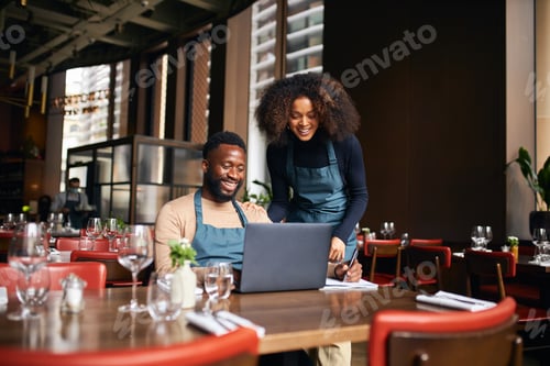 Preview: Restaurant managers working with laptop