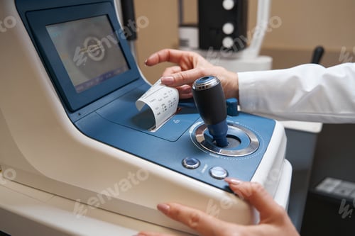 Preview: Eye specialist receiving eye examination results from autorefractor
