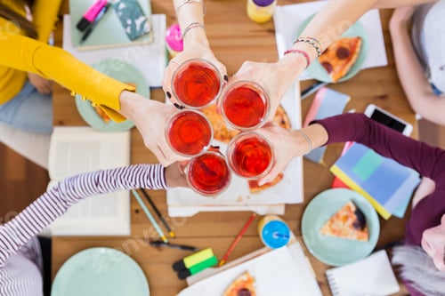 Preview: Group of young women at home clinking glasses