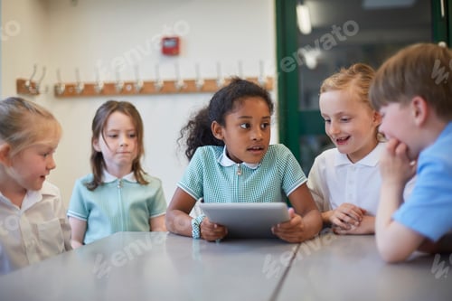 Preview: Young students engaged in a group activity with a tablet at school