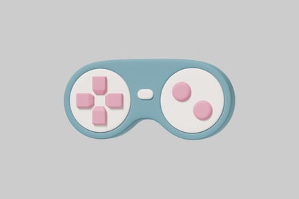 Preview: Electronic game controller with light blue body and white buttons.