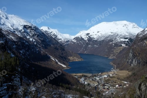 Preview: Aerial view of the stunning Geiranger fjord in Geiranger, Norway in the winter