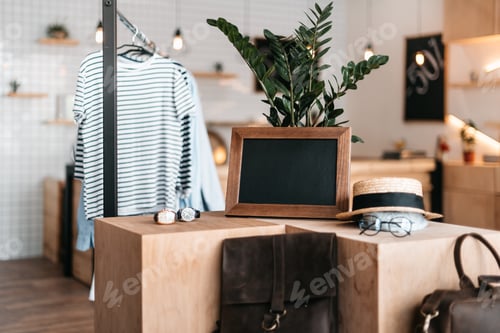 Preview: close-up view of empty photo frame and stylish accessories in boutique