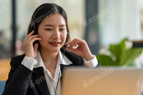 Preview: Happy Asian woman sitting in the office and video conference with a business partner on a laptop. Co