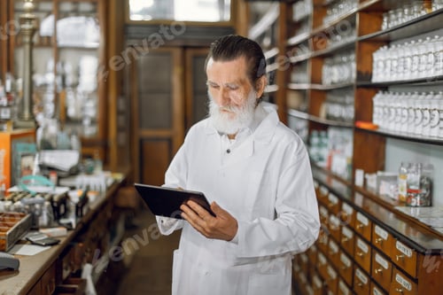 Preview: Confident good-looking bearded senior man pharmacist doing inventory