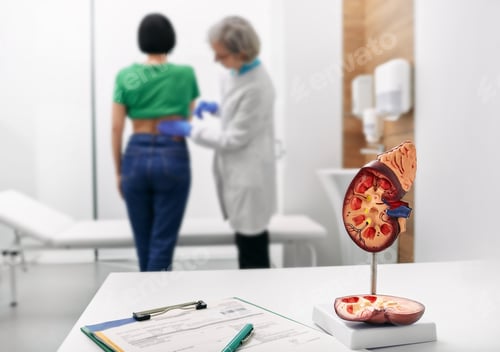 Preview: Treatment of kidney diseases at urology. Urologist palpation woman's back with kidney pain while