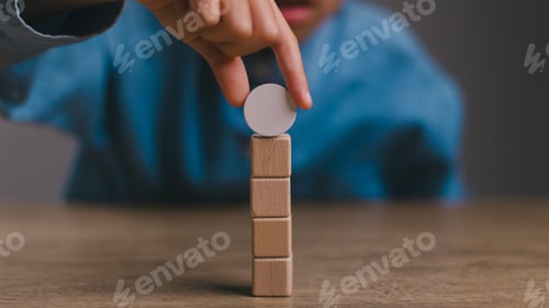 Preview: Blank wooden cubes on the table with copy space, empty wooden cubes for input wording, infographic