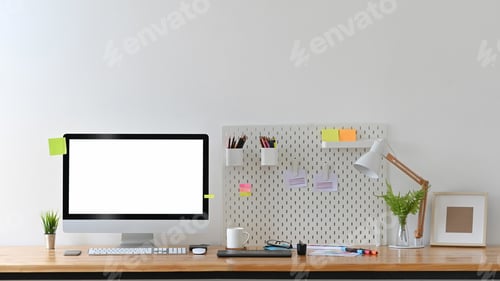 Preview: Workspace of creative designer with empty display computer.