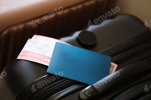 Vista previa: Empty passport with tickets lies on touristic suitcase close up in airport waiting hall