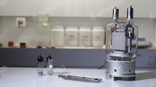 Preview: Vacuum electronic lamp with bulbs. Vintage large vacuum tube that lights up from her desk in lab