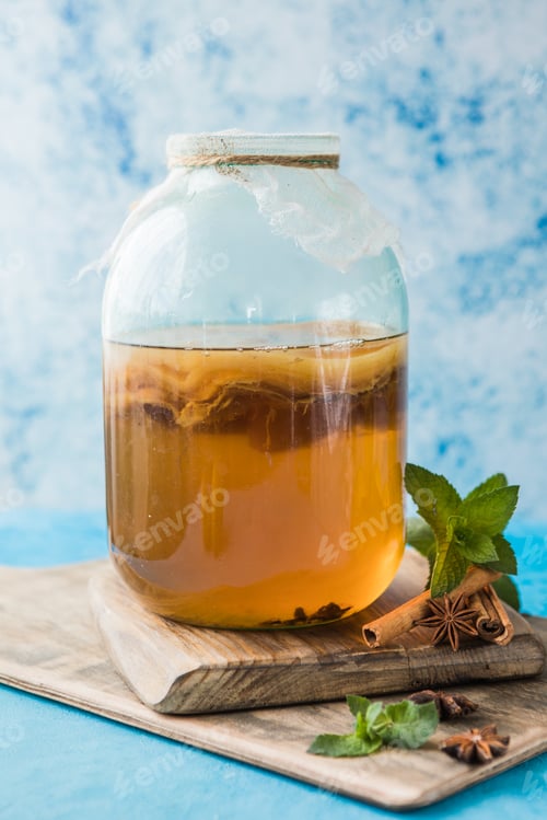 Preview: Raw fermented kombucha superfood. Ice tea with healthy natural probiotic in glass